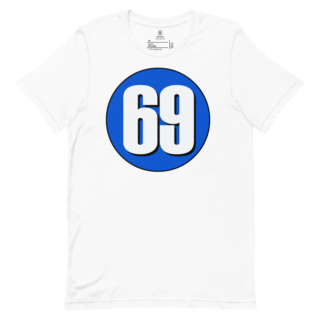 Unisex t-shirt: White on Periwinkle 69