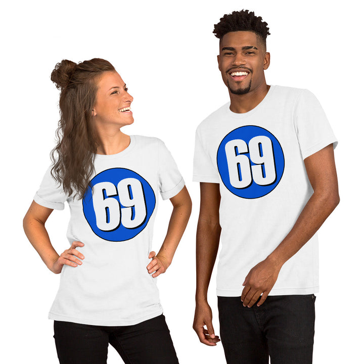 Unisex t-shirt: White on Periwinkle 69