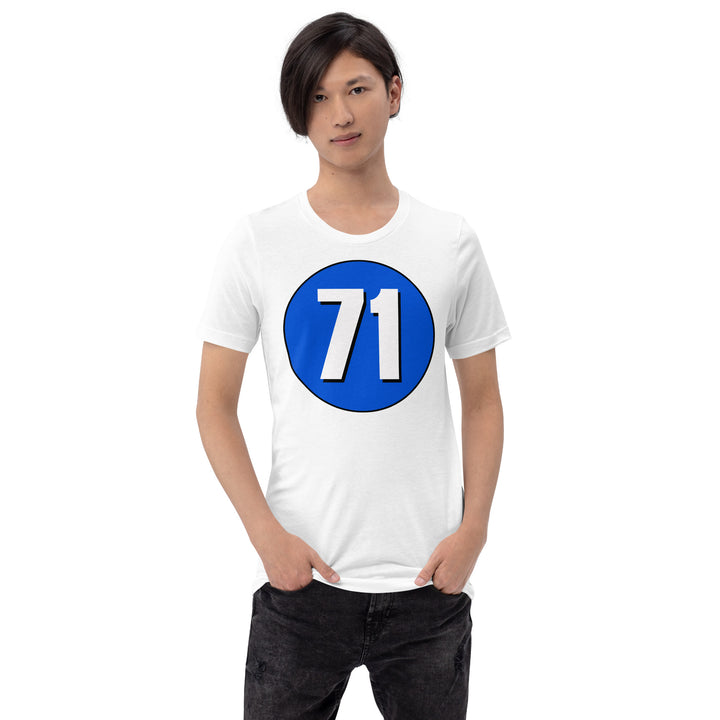 Unisex t-shirt: White on Periwinkle 71