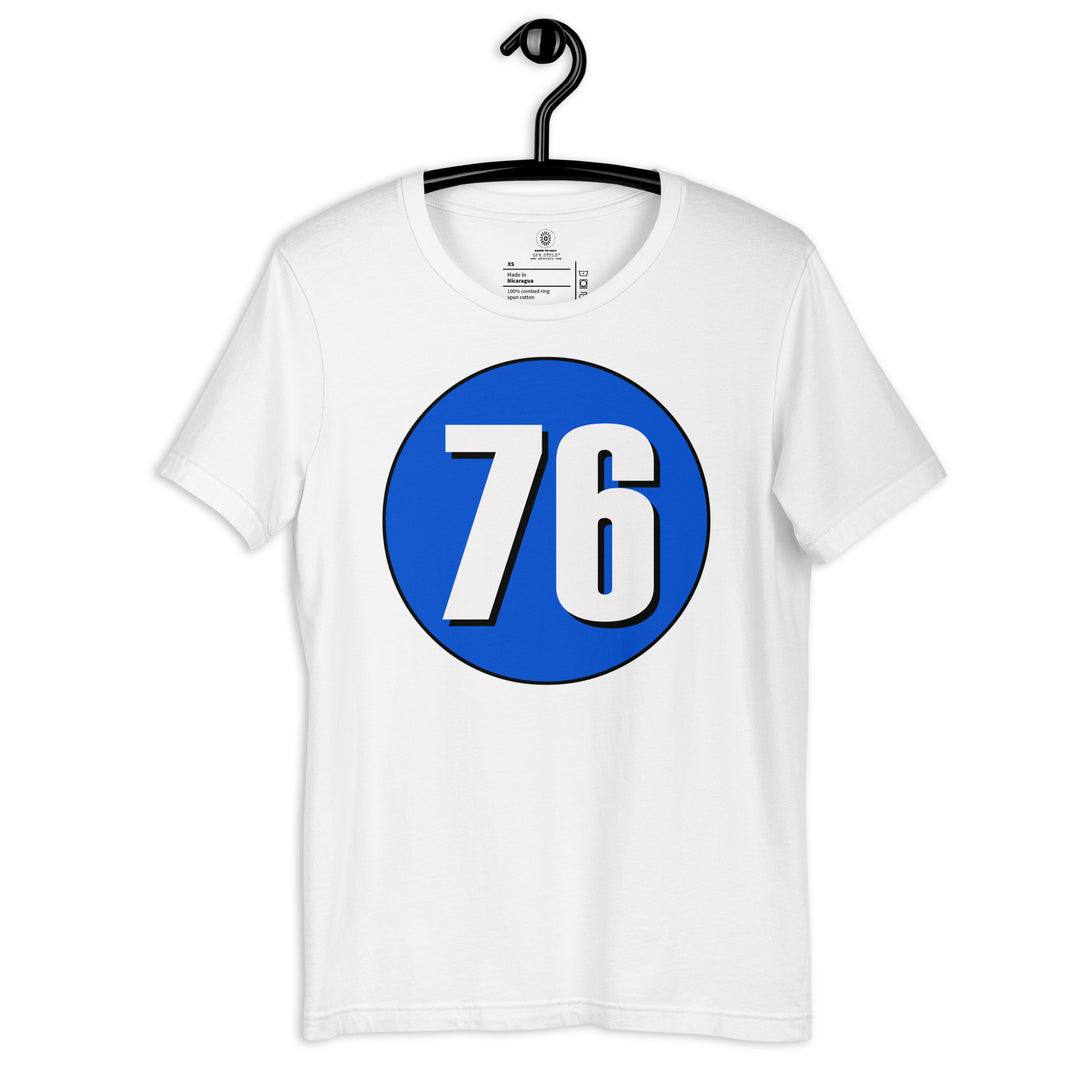 Unisex t-shirt: White on Periwinkle 76