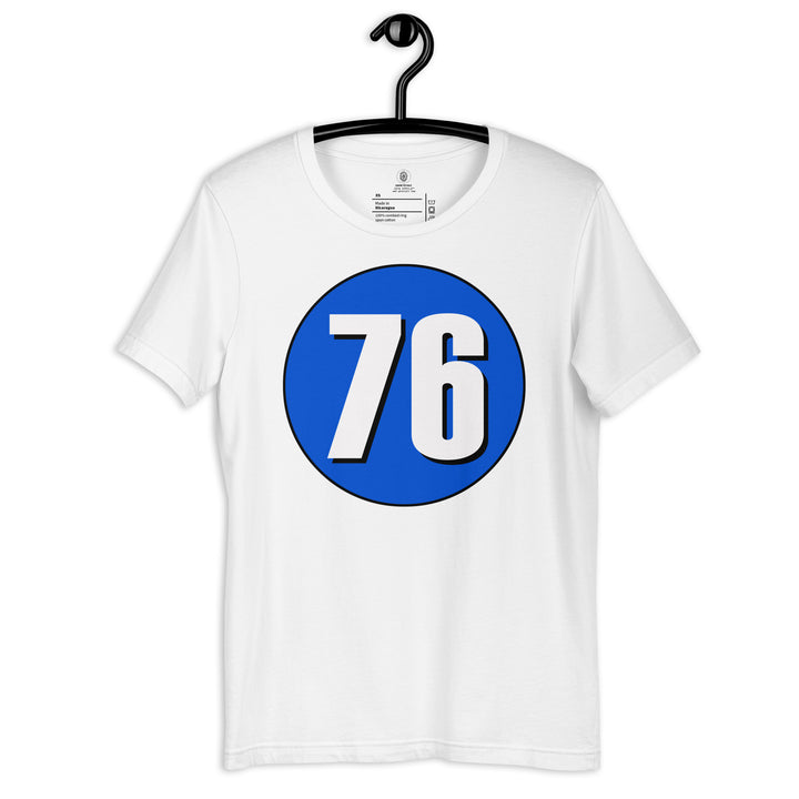 Unisex t-shirt: White on Periwinkle 76