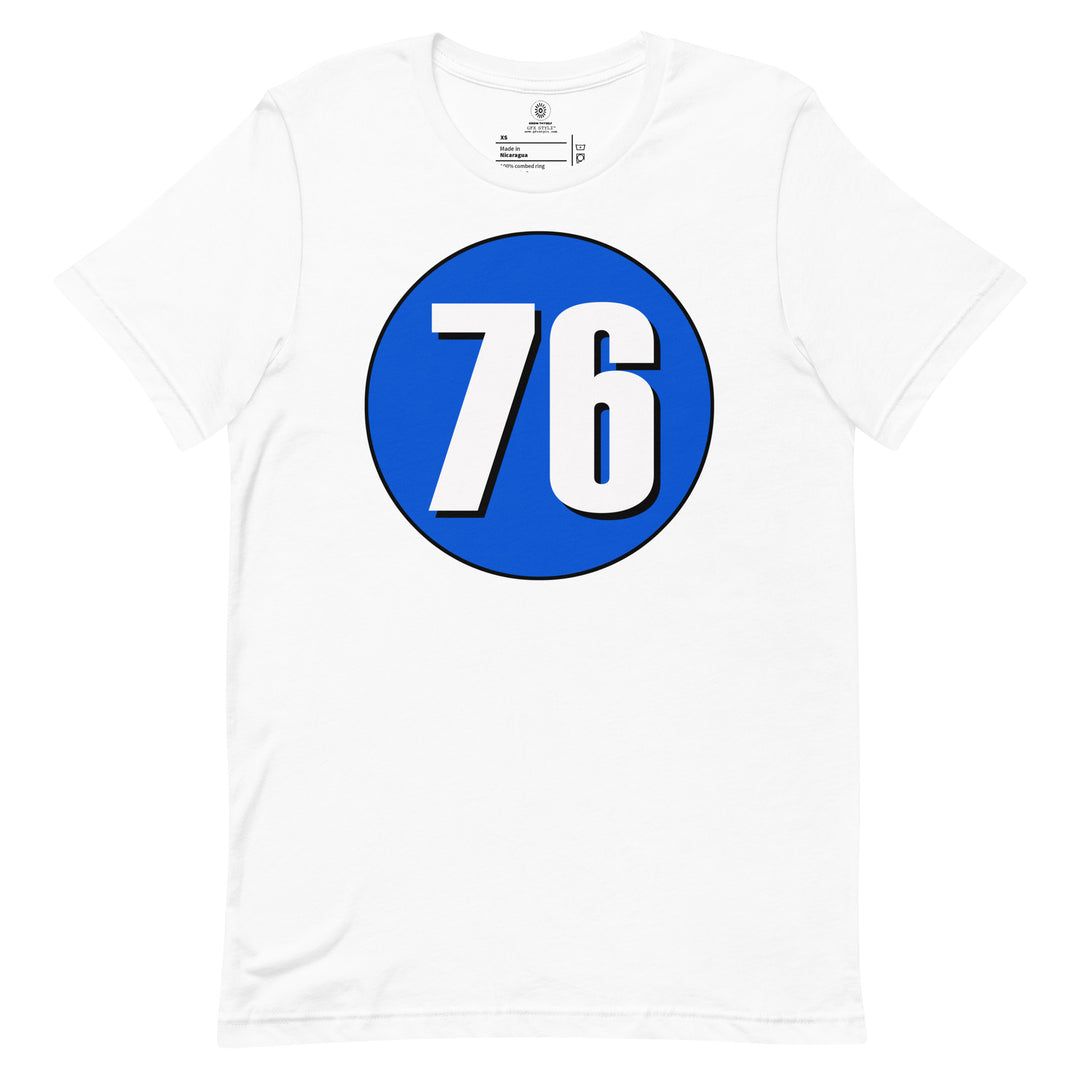 Unisex t-shirt: White on Periwinkle 76