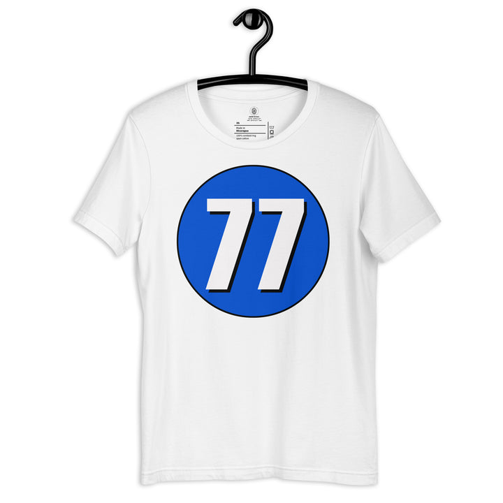 Unisex t-shirt: White on Periwinkle 77