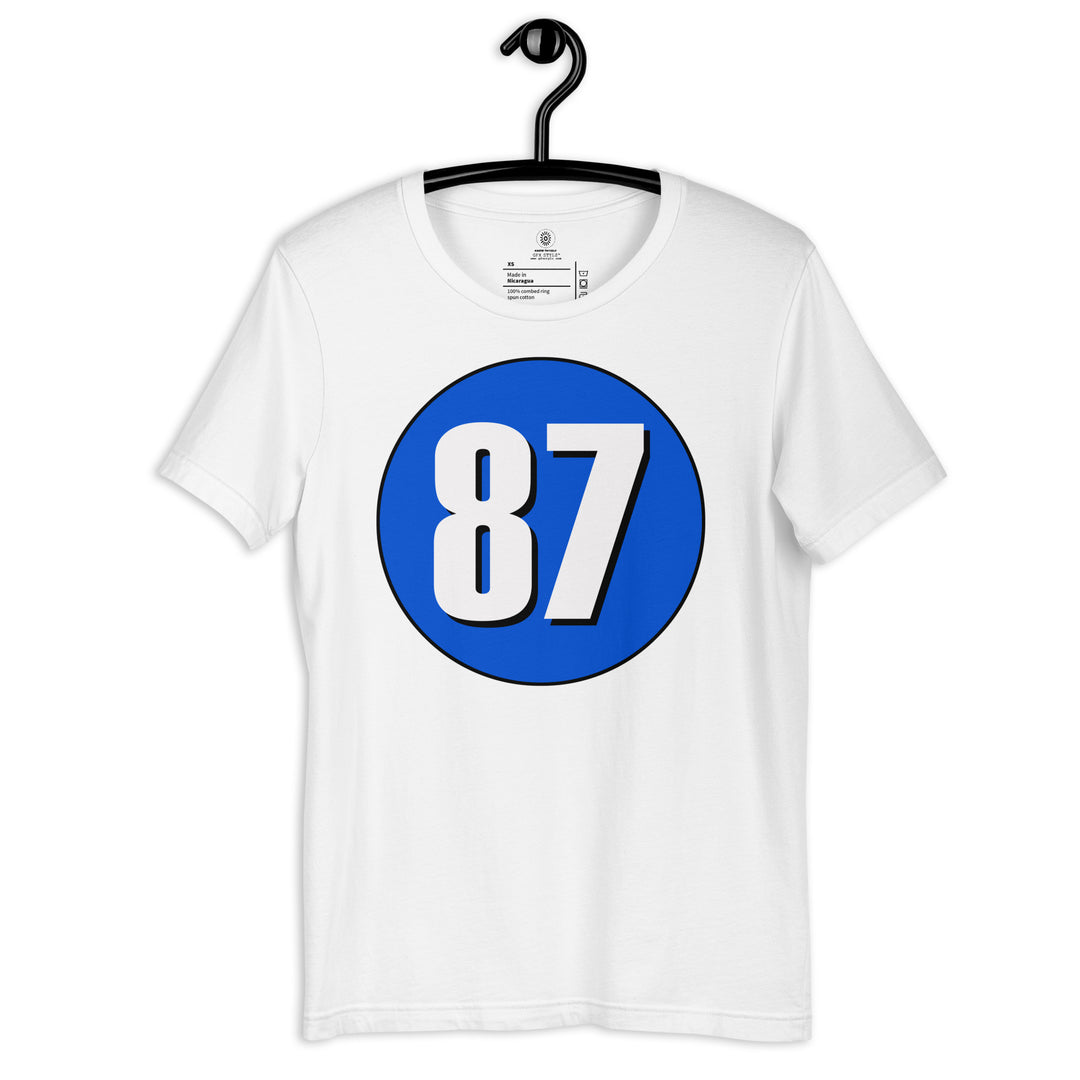 Unisex t-shirt: White on Periwinkle 87