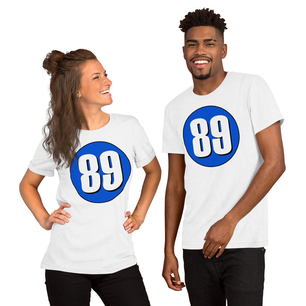 Unisex t-shirt: White on Periwinkle 89