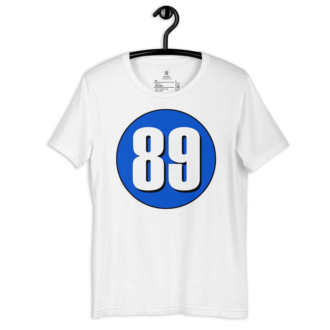 Unisex t-shirt: White on Periwinkle 89