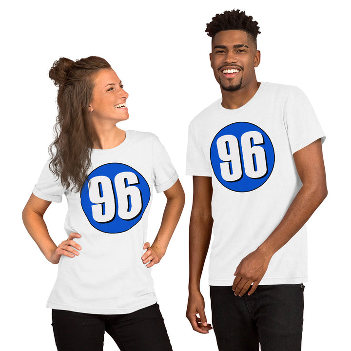 Unisex t-shirt: White on Periwinkle 96