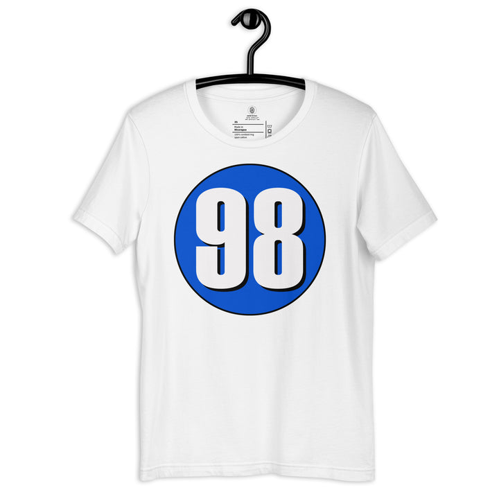 Unisex t-shirt: White on Periwinkle 98