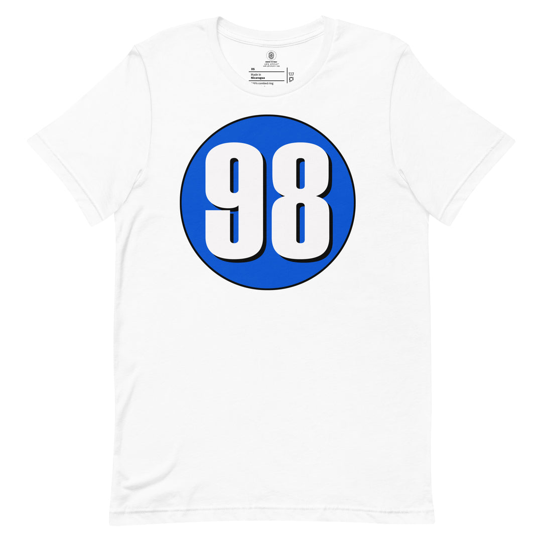 Unisex t-shirt: White on Periwinkle 98