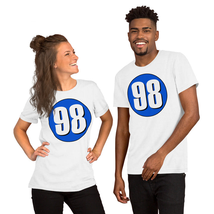 Unisex t-shirt: White on Periwinkle 98