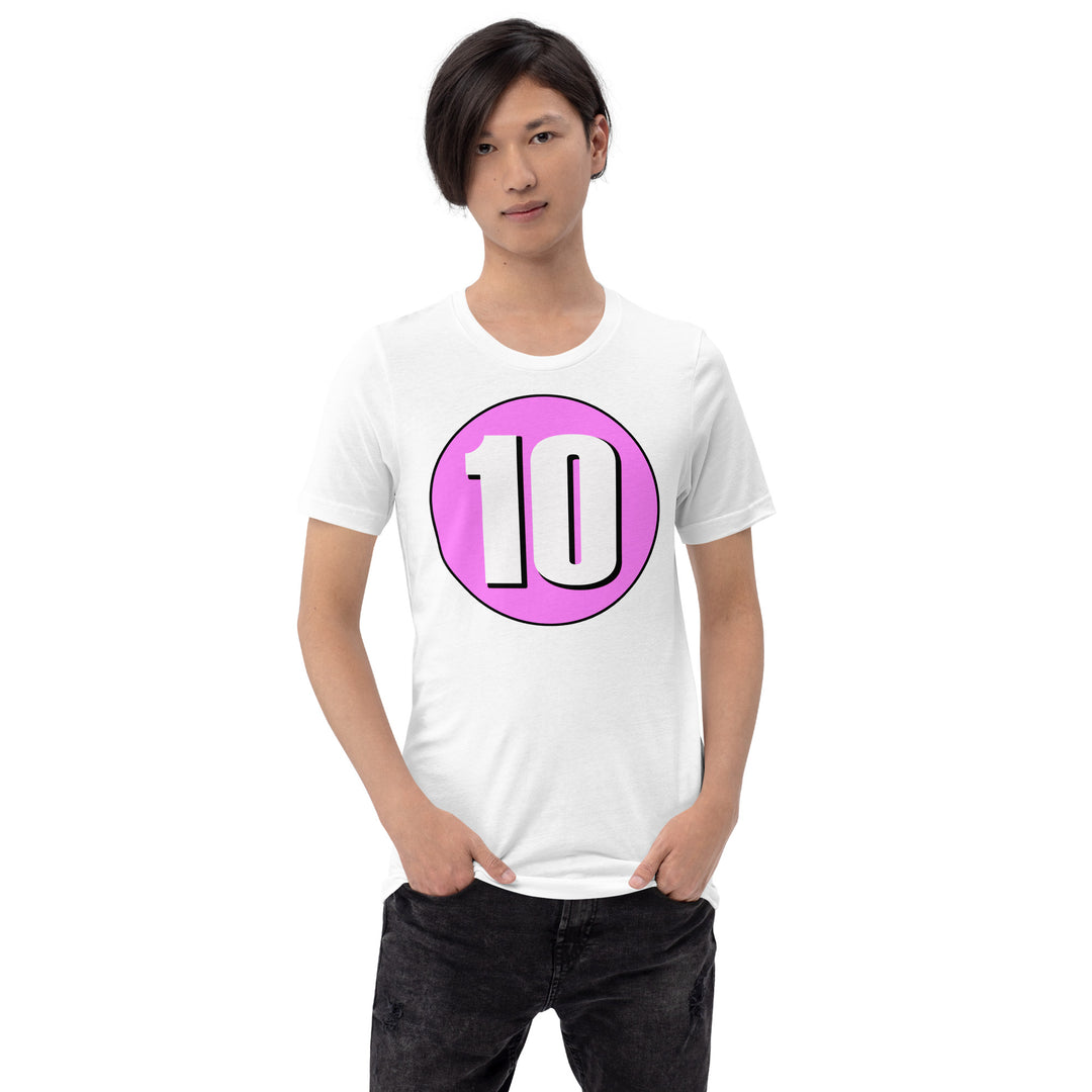 Unisex t-shirt: White on Pink 10