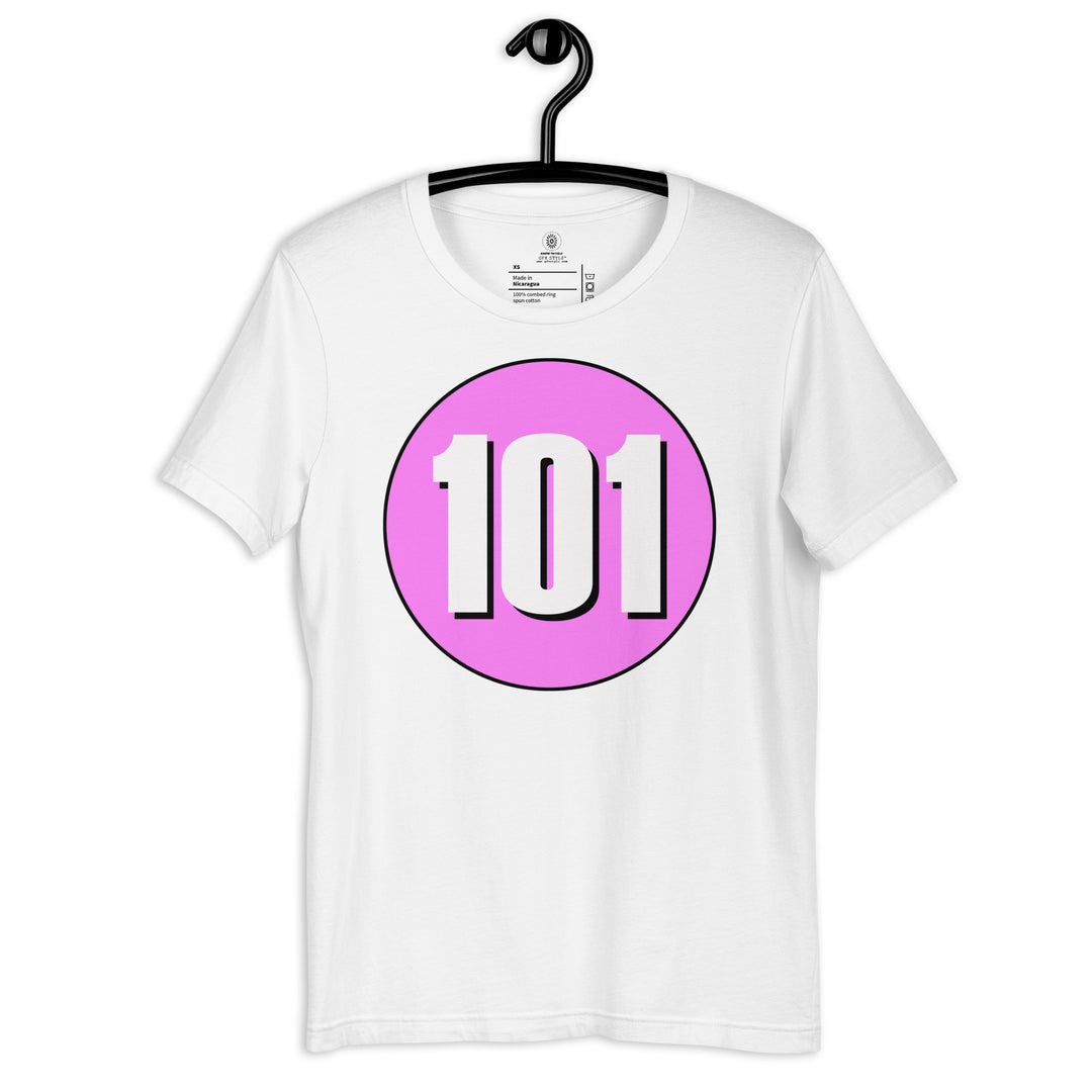 Unisex t-shirt: White on Pink 101