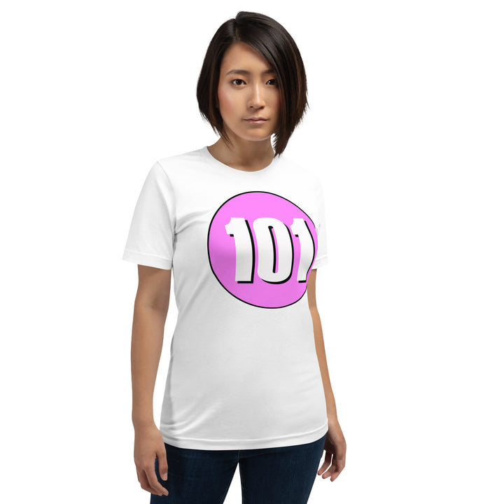 Unisex t-shirt: White on Pink 101