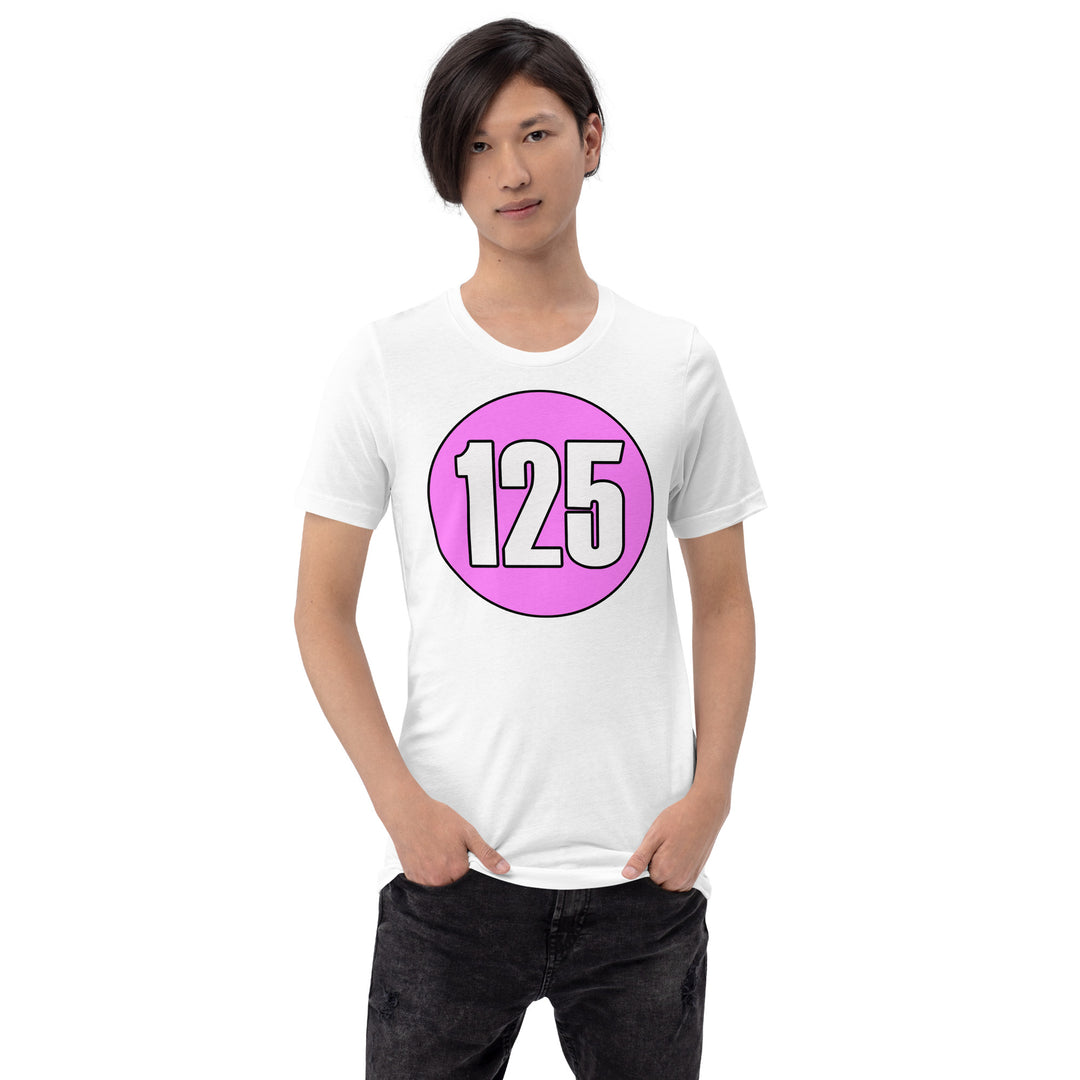 Unisex t-shirt: White on Pink 125