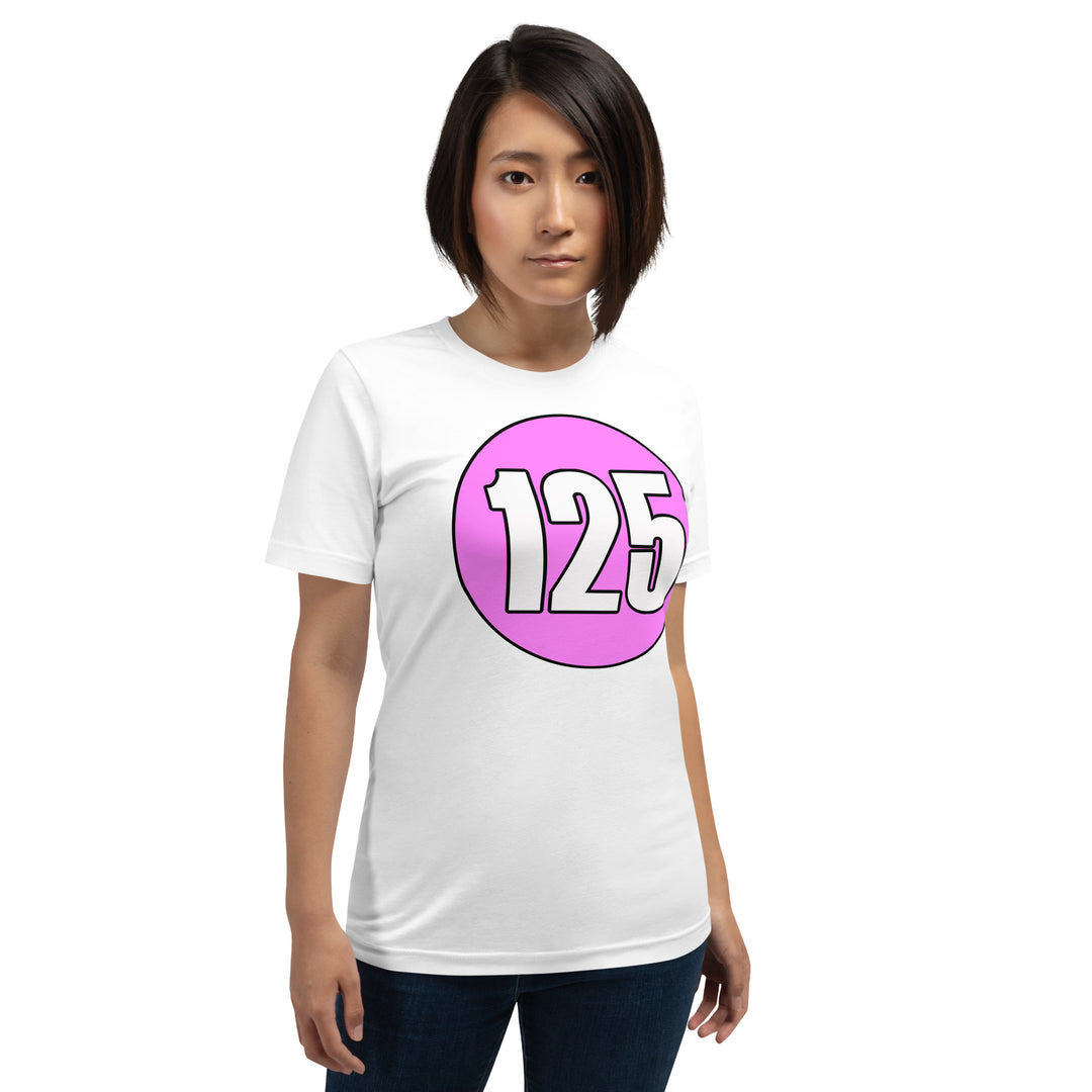 Unisex t-shirt: White on Pink 125