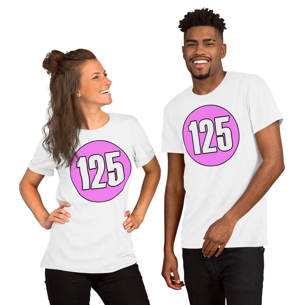 Unisex t-shirt: White on Pink 125