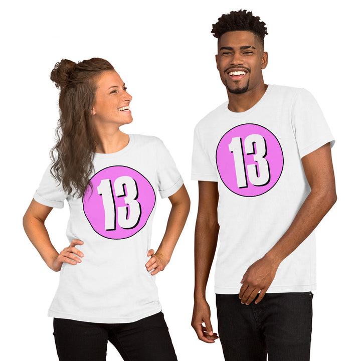 Unisex t-shirt: White on Pink 13