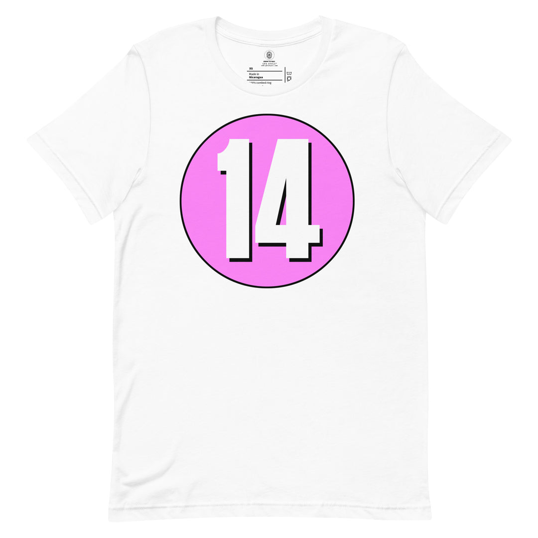 Unisex t-shirt: White on Pink 14