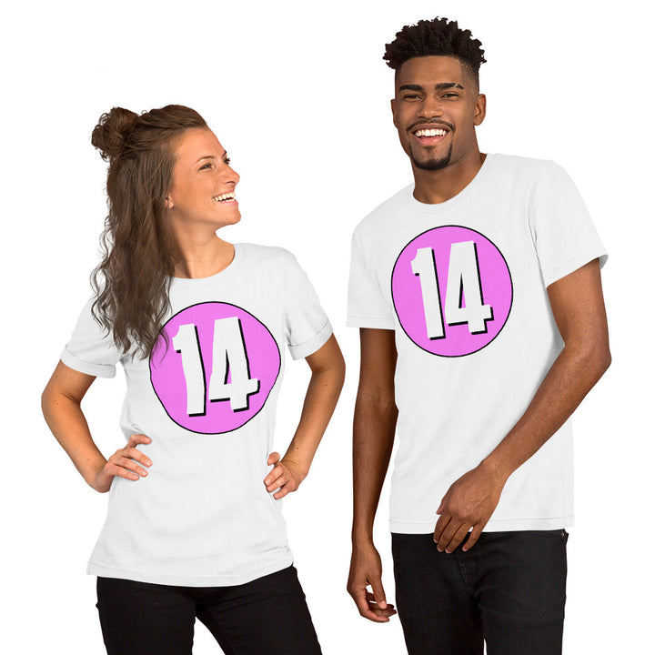 Unisex t-shirt: White on Pink 14