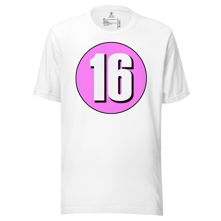 Unisex t-shirt: White on Pink 16