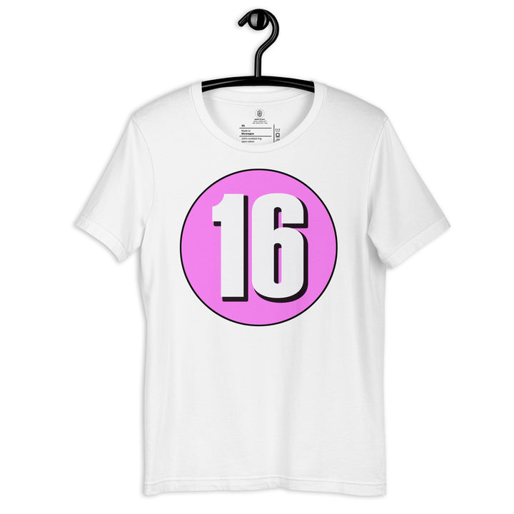 Unisex t-shirt: White on Pink 16