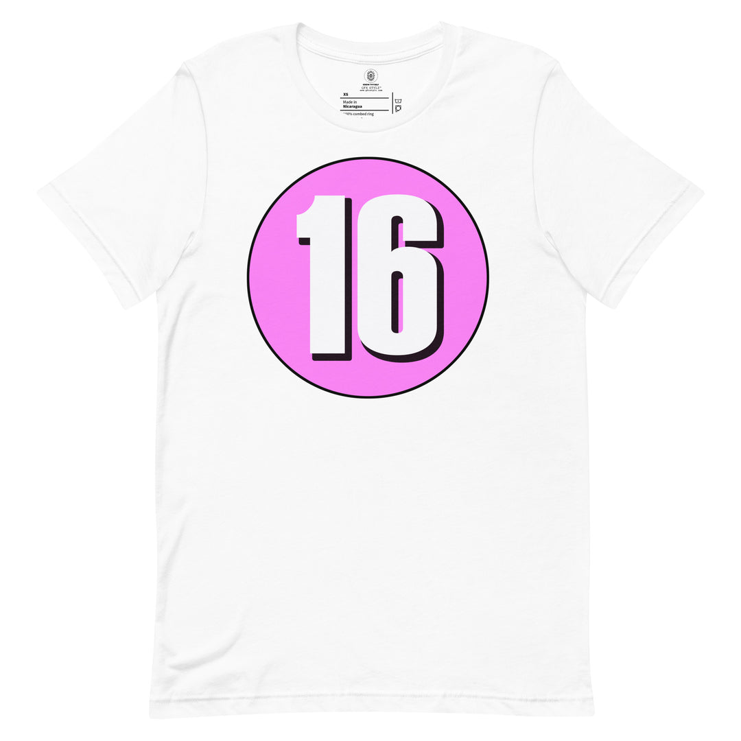 Unisex t-shirt: White on Pink 16