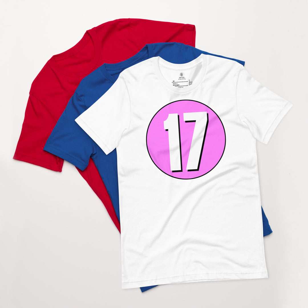 Unisex t-shirt: White on Pink 17