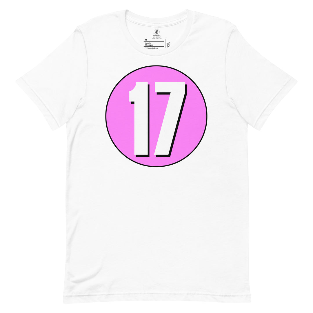 Unisex t-shirt: White on Pink 17