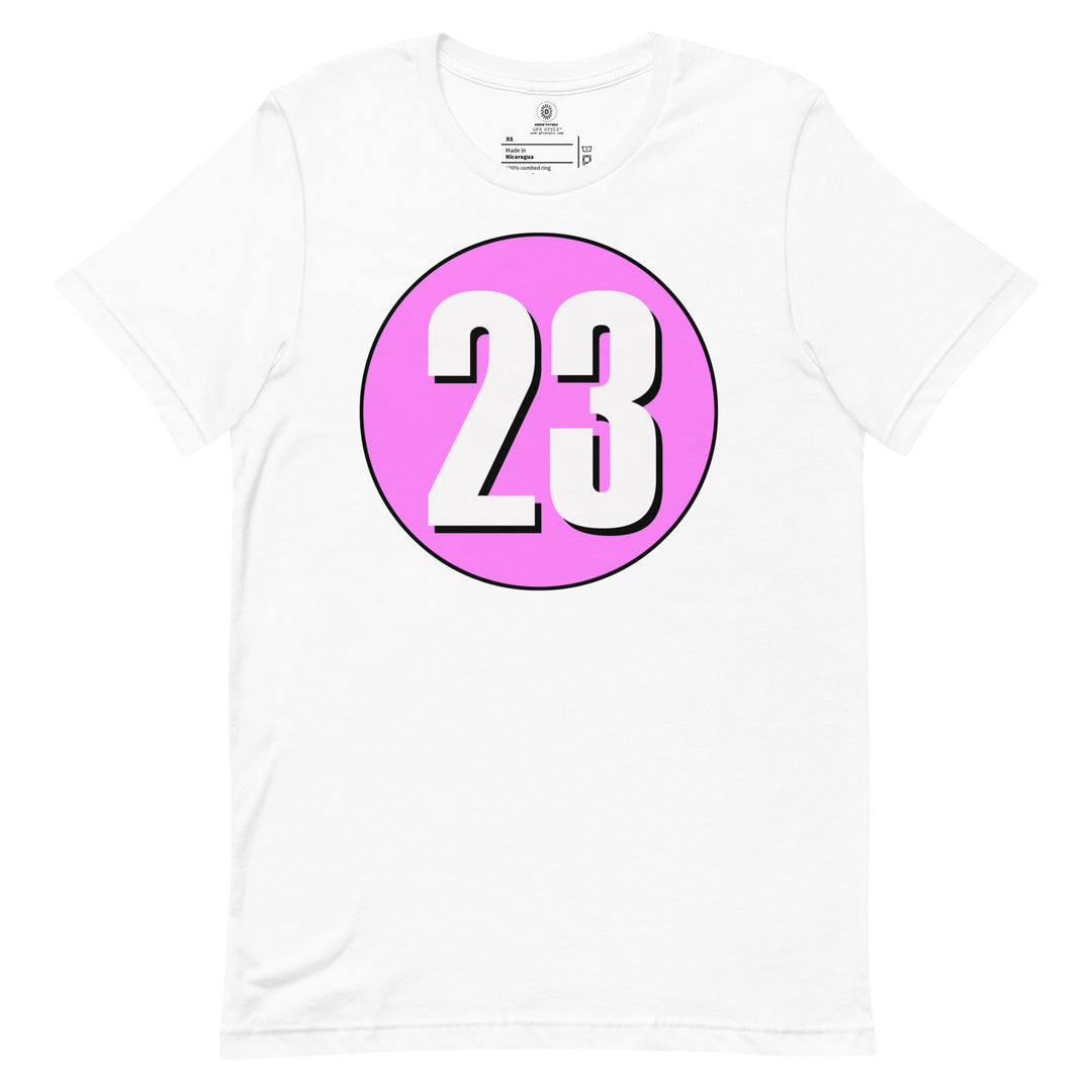 Unisex t-shirt: White on Pink 23