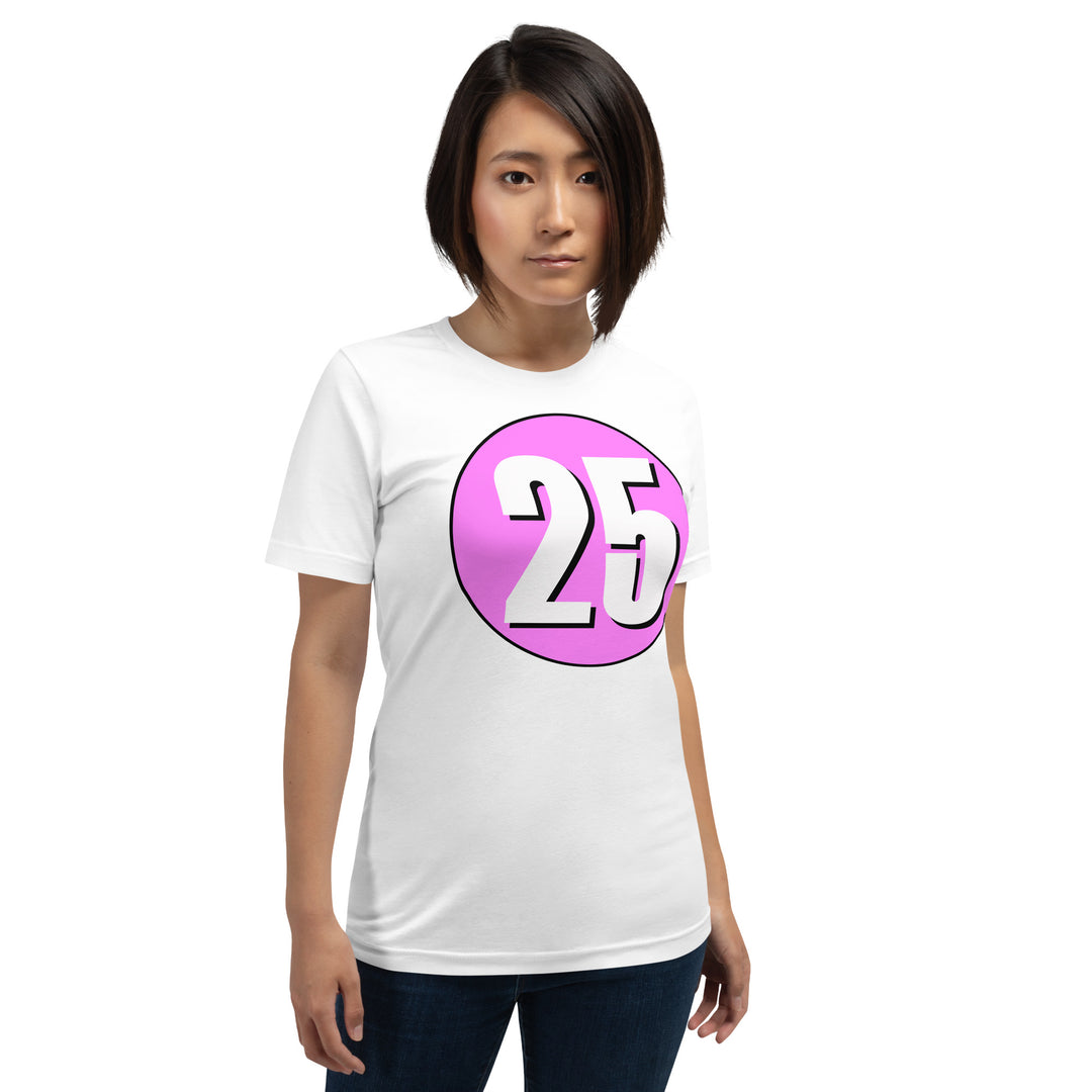 Unisex t-shirt: White on Pink 25