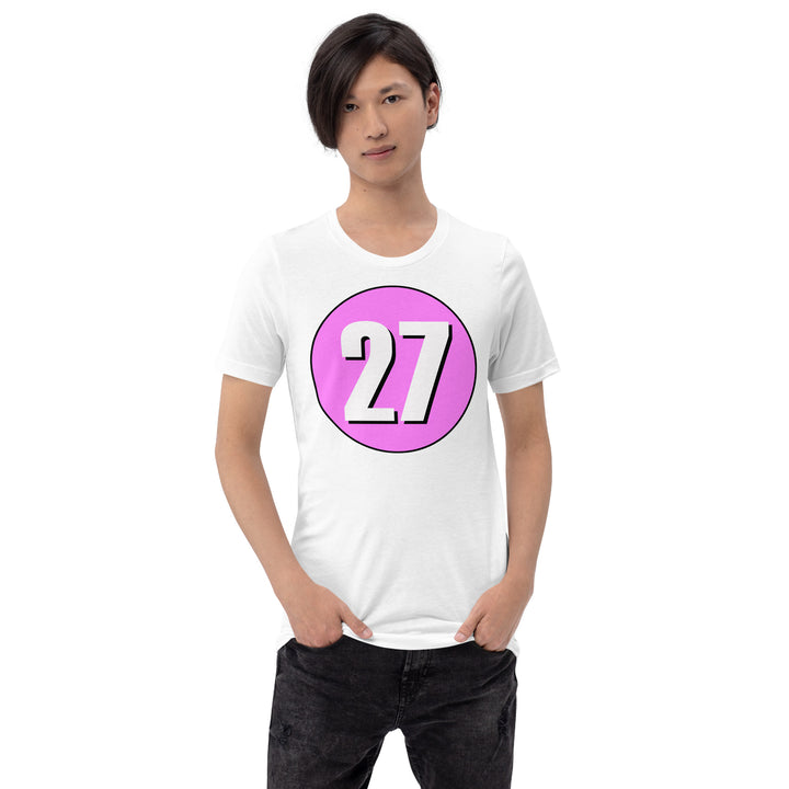 Unisex t-shirt: White on Pink 27