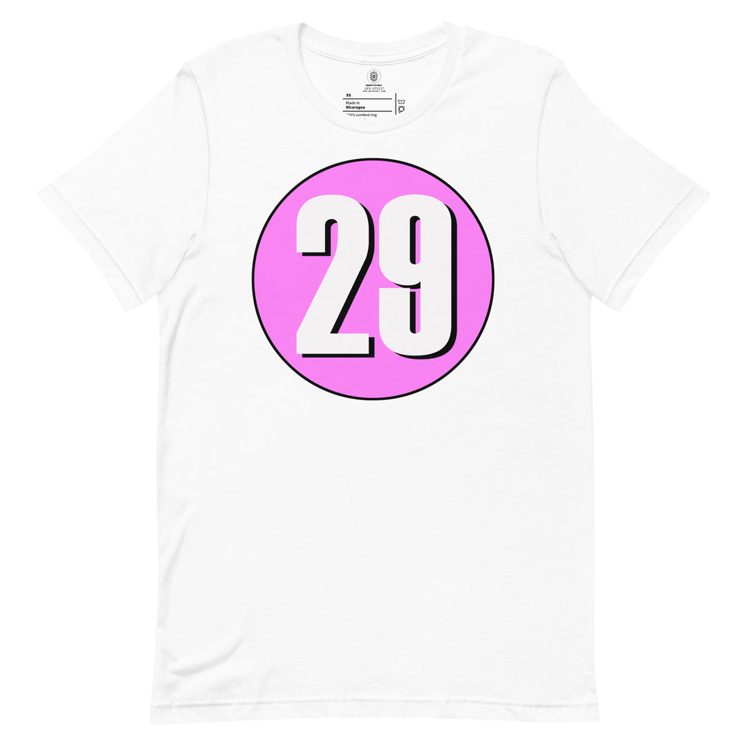 Unisex t-shirt: White on Pink 29