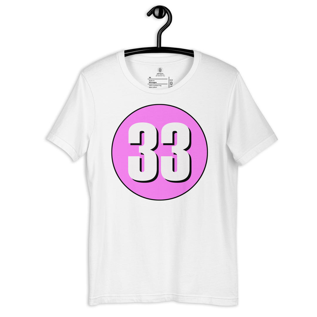 Unisex t-shirt: White on Pink 33