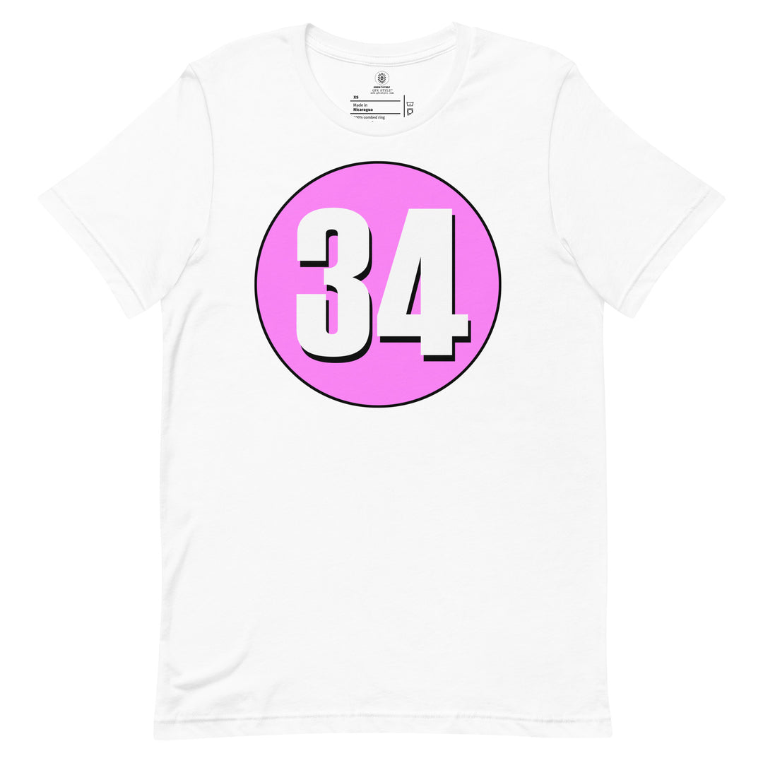 Unisex t-shirt: White on Pink 34