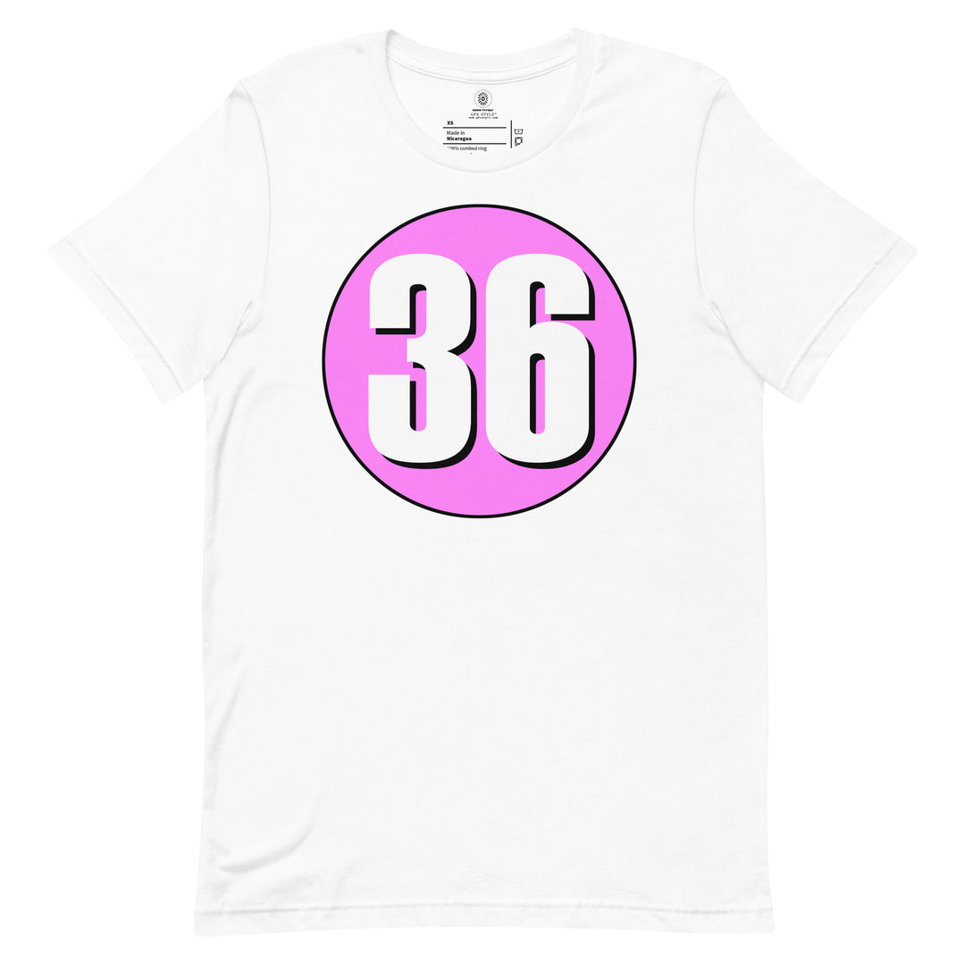 Unisex t-shirt: White on Pink 36