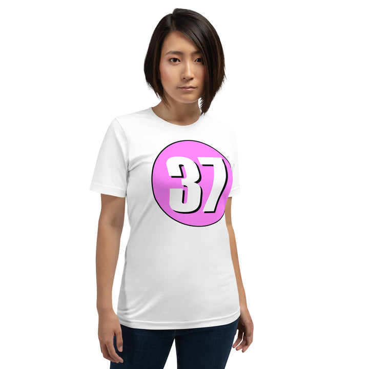 Unisex t-shirt: White on Pink 37