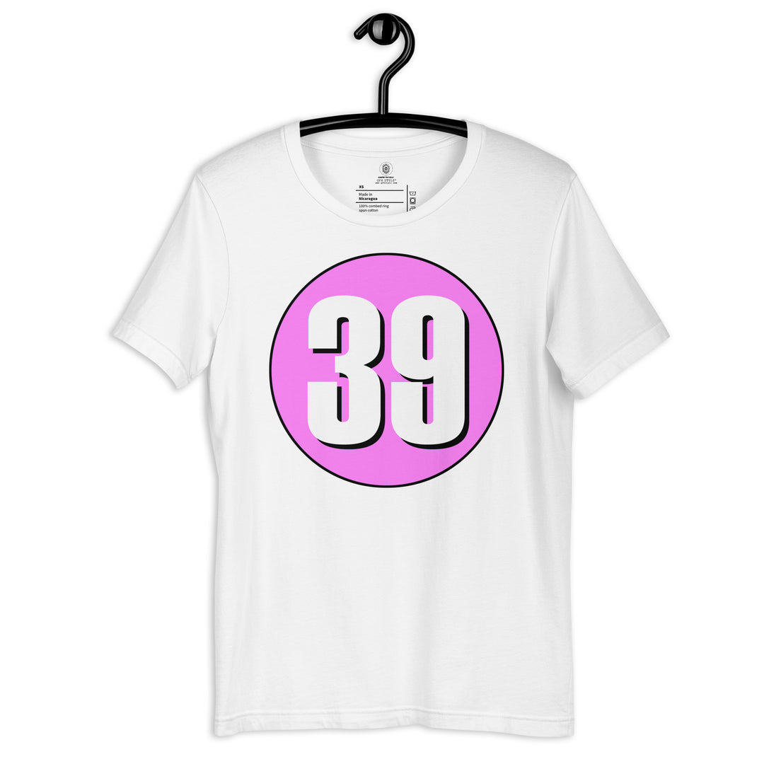 Unisex t-shirt: White on Pink 39