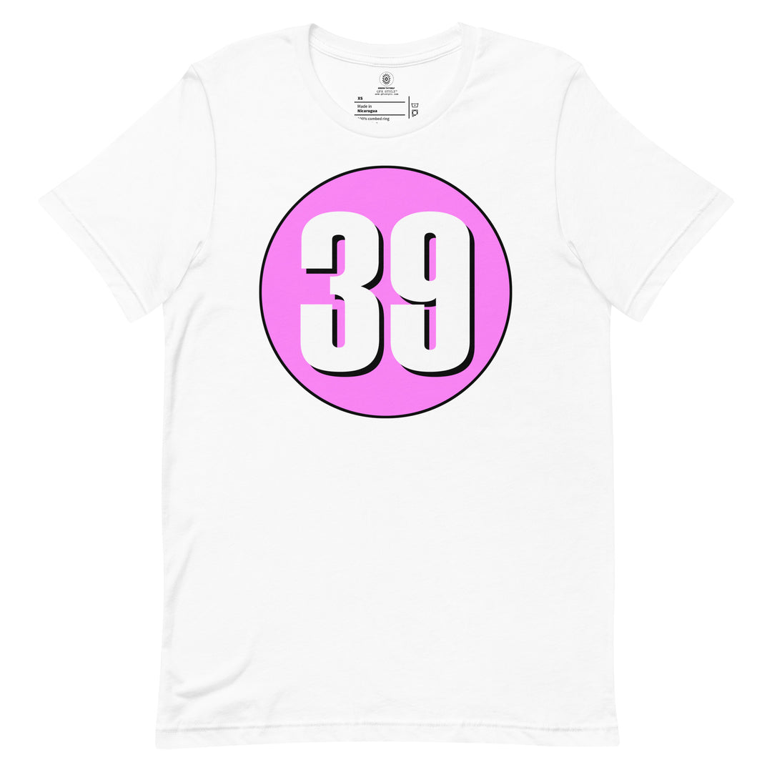 Unisex t-shirt: White on Pink 39