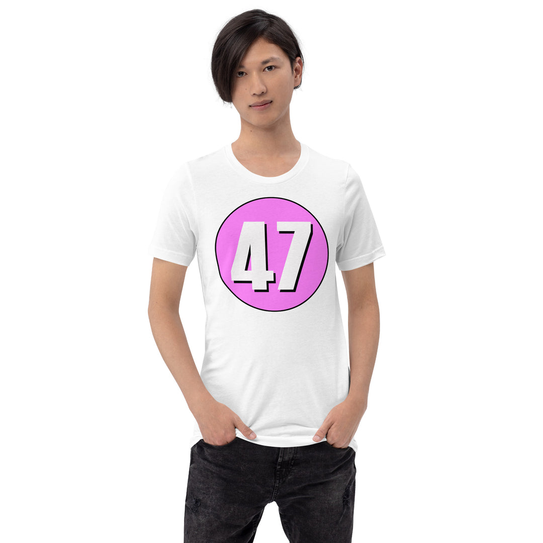 Unisex t-shirt: White on Pink 47