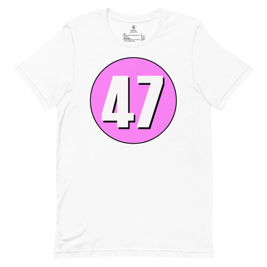 Unisex t-shirt: White on Pink 47