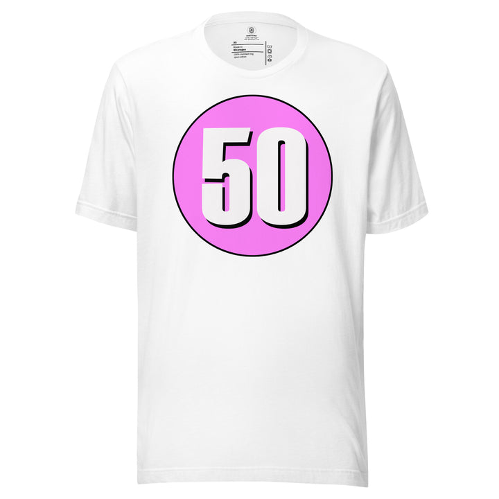 Unisex t-shirt: White on Pink 50