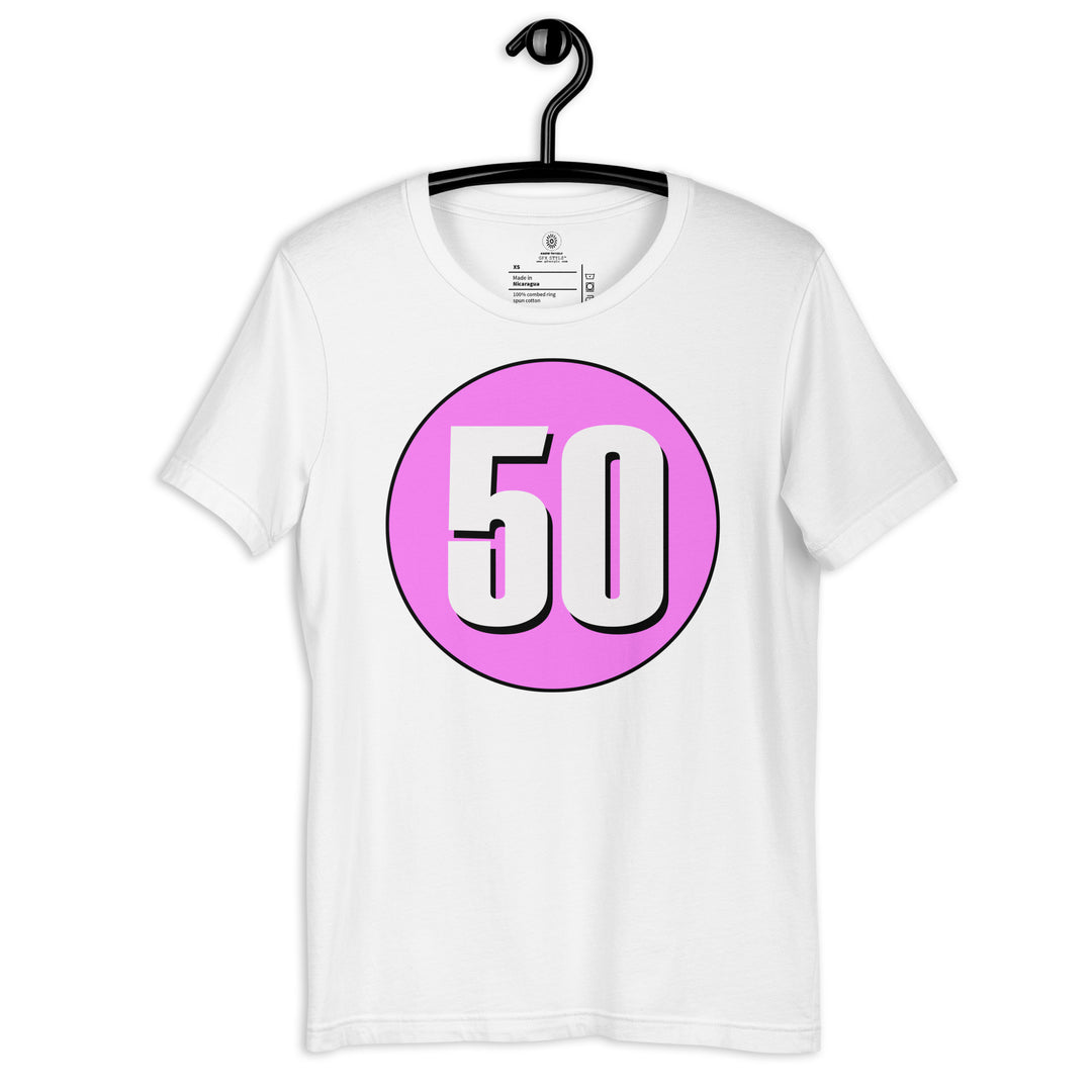 Unisex t-shirt: White on Pink 50