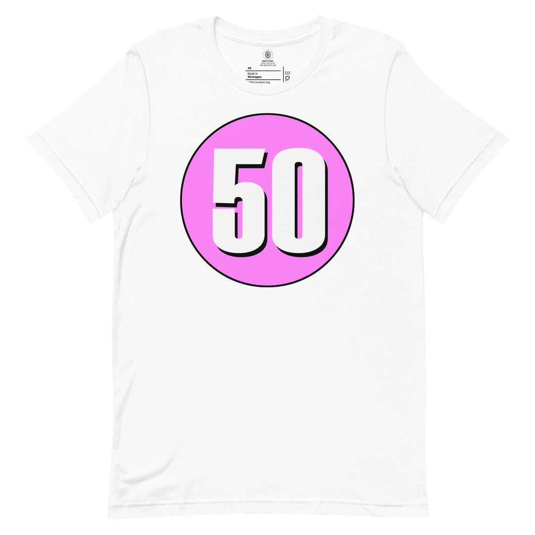 Unisex t-shirt: White on Pink 50