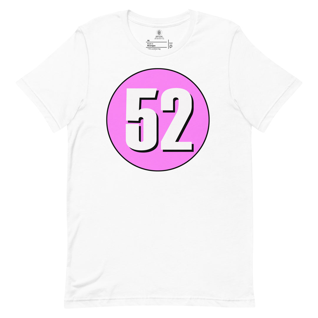 Unisex t-shirt: White on Pink 52