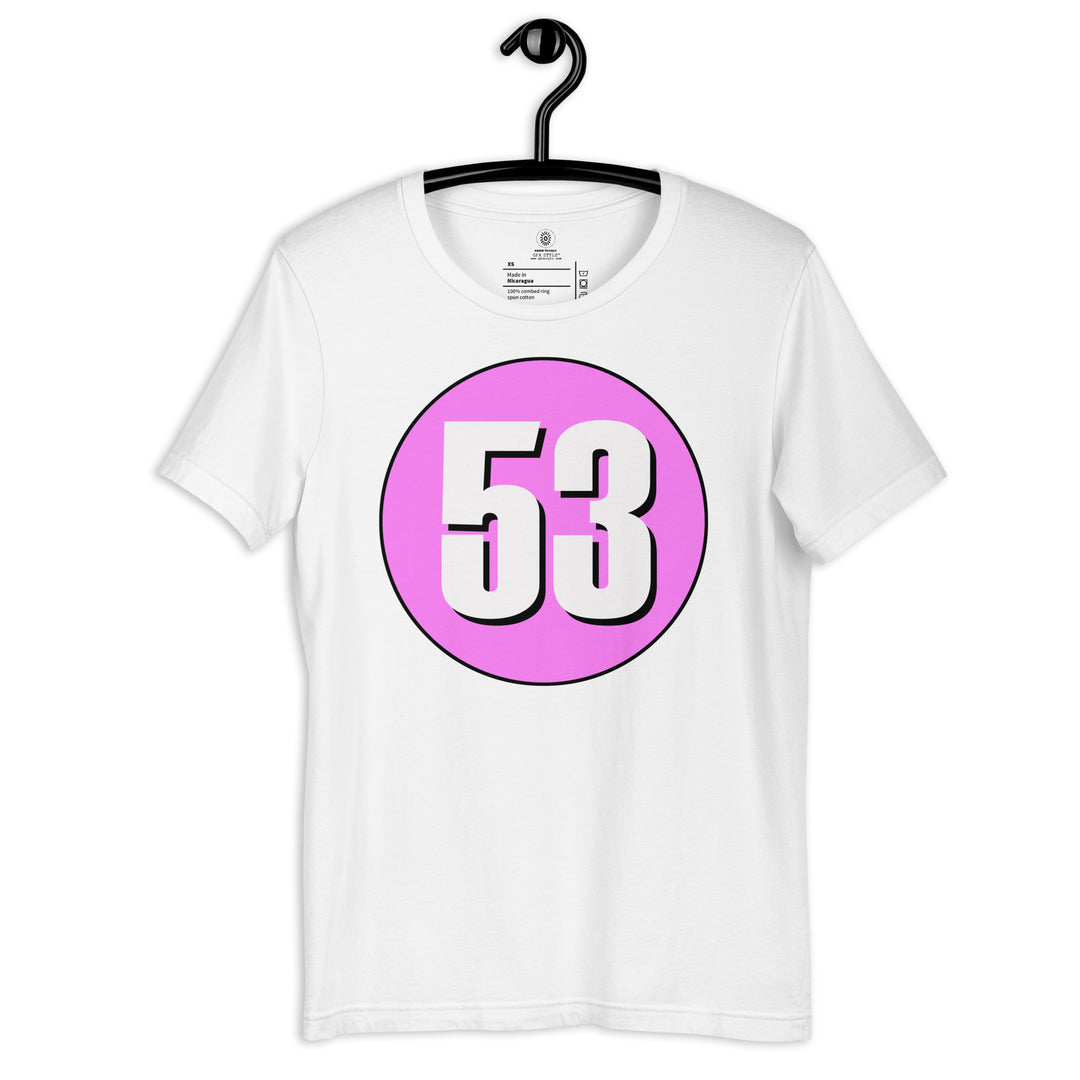 Unisex t-shirt: White on Pink 53