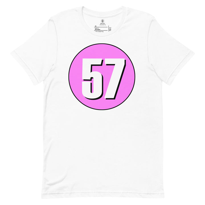 Unisex t-shirt: White on Pink 57