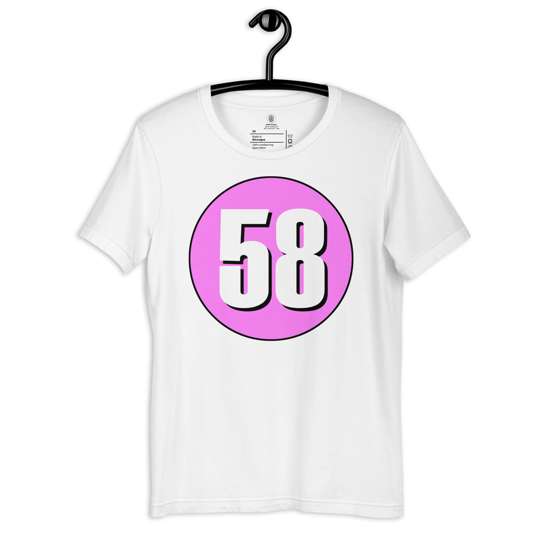 Unisex t-shirt: White on Pink 58