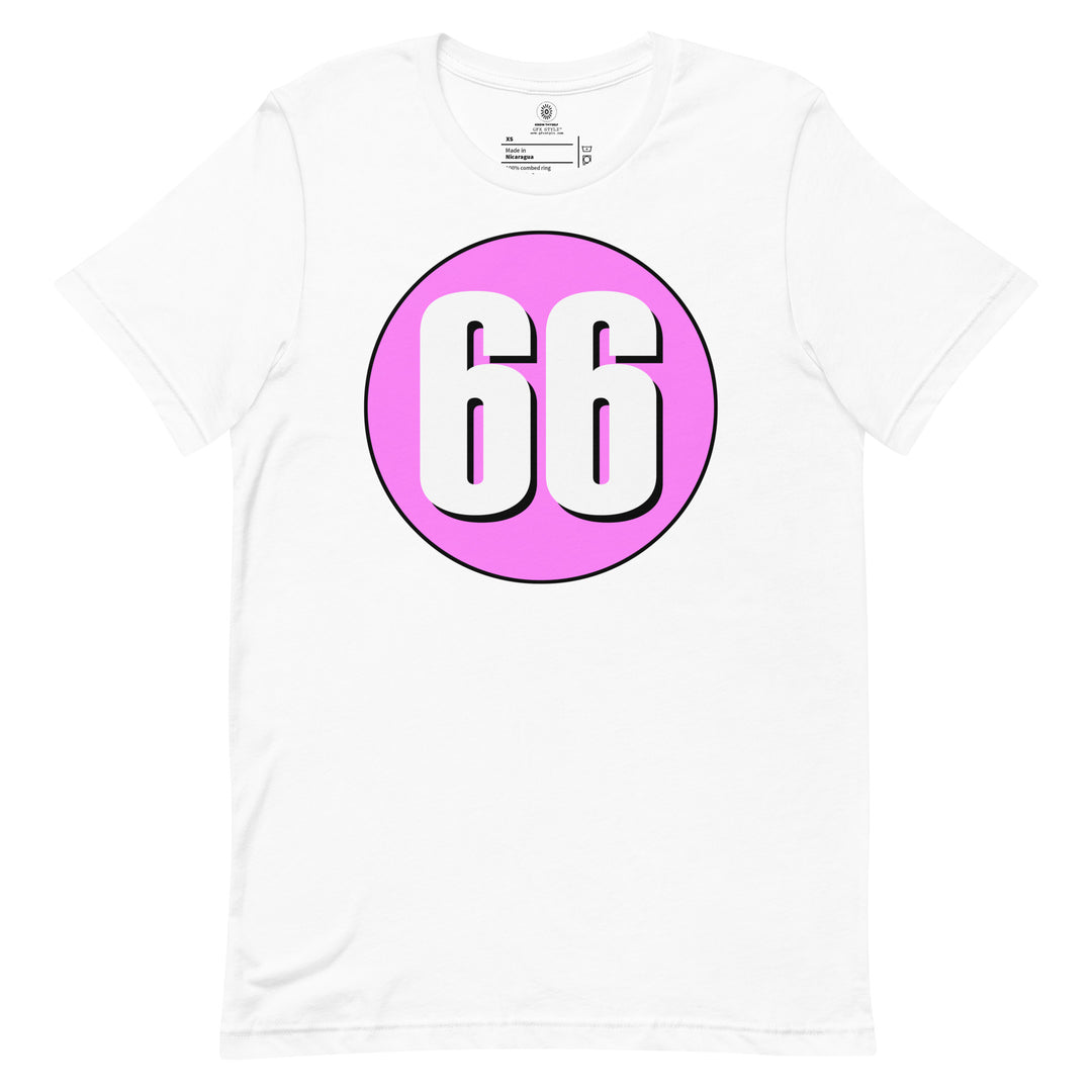 Unisex t-shirt: White on Pink 66