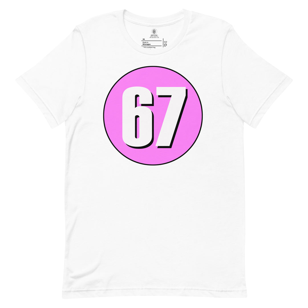 Unisex t-shirt: White on Pink 67