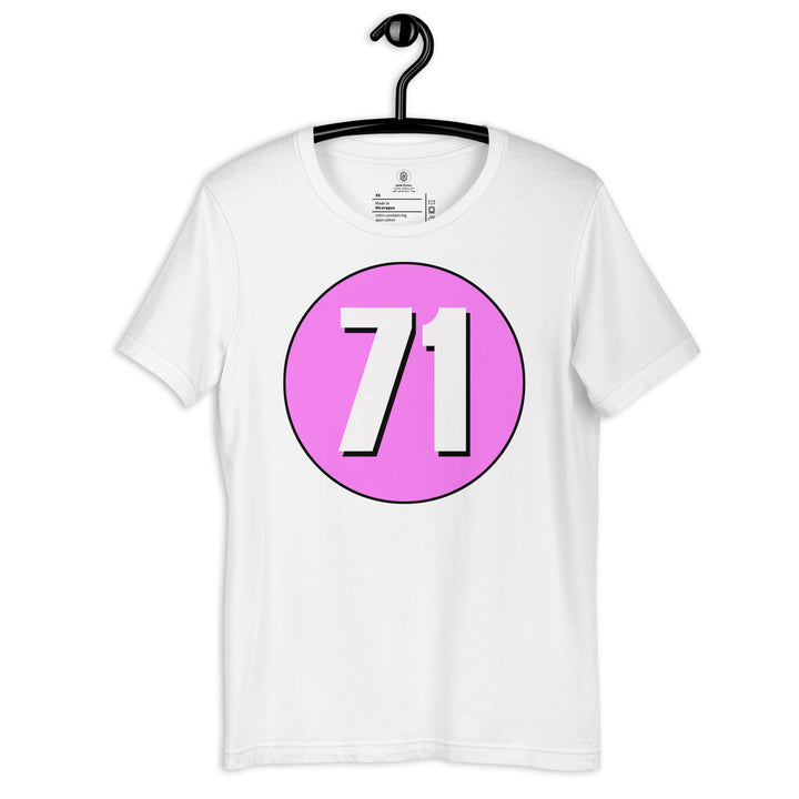 Unisex t-shirt: White on Pink 71